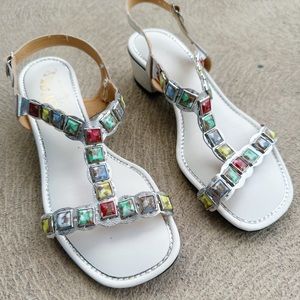 Vintage 60s Signals by Beacon Stone Jeweled Sandals Silver Block Heel Size 7.5